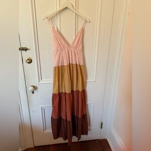 Anthropologie Colorblock Maxi Dress in Pink, Mustard, and Brown